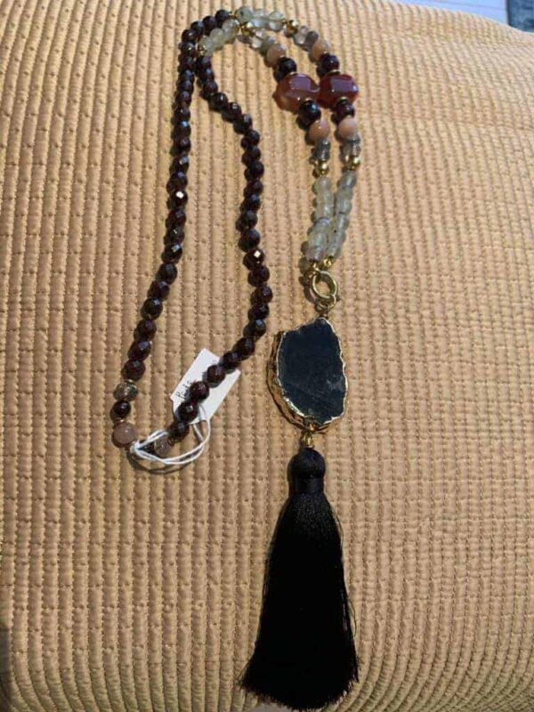 Gemstone necklace with black onex stone and silk tassel