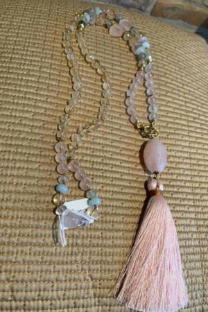 Gemstone necklace with rose quarts and silk tassel-1