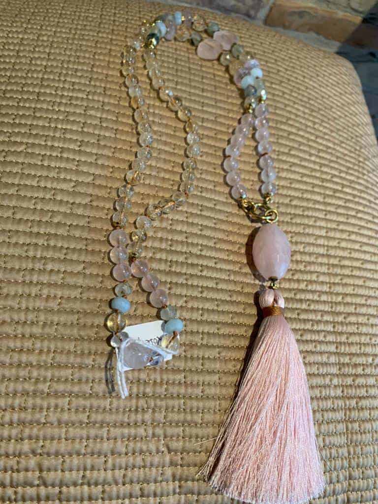 Gemstone necklace with rose quarts and silk tassel-1