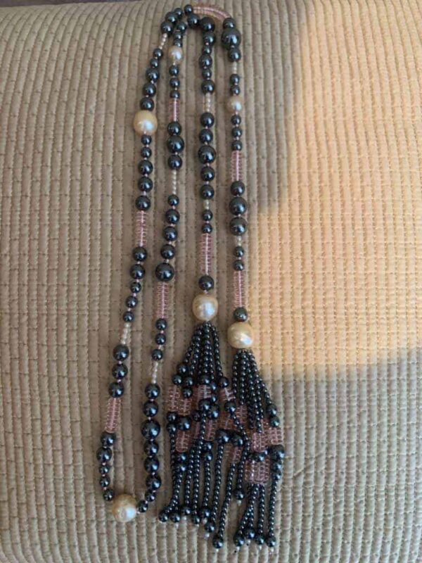 Long pearl tassel necklace in pink and grey