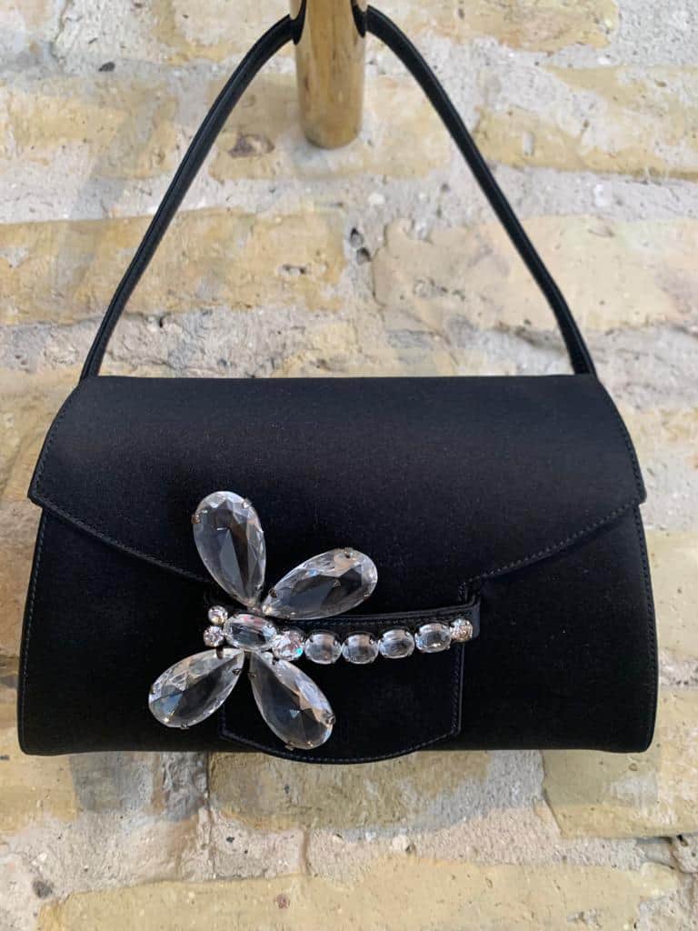 Renaurd Pellegrino black satin evening bag with crystal detail on the lock
